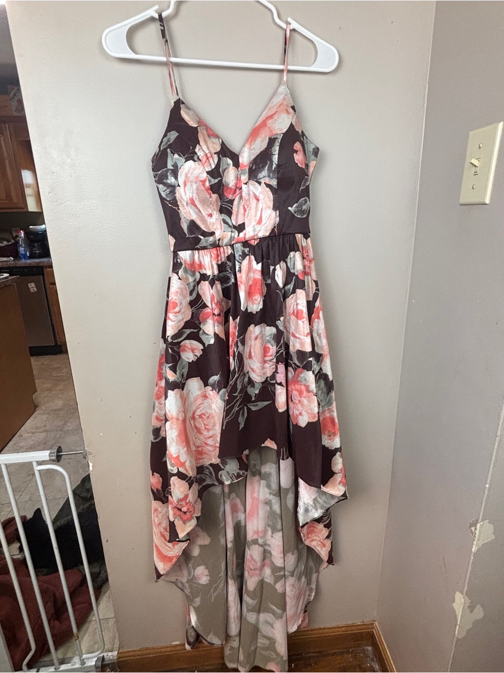 B Darlin Brown Floral High-Low Spaghetti Strap Dress with Pink Roses